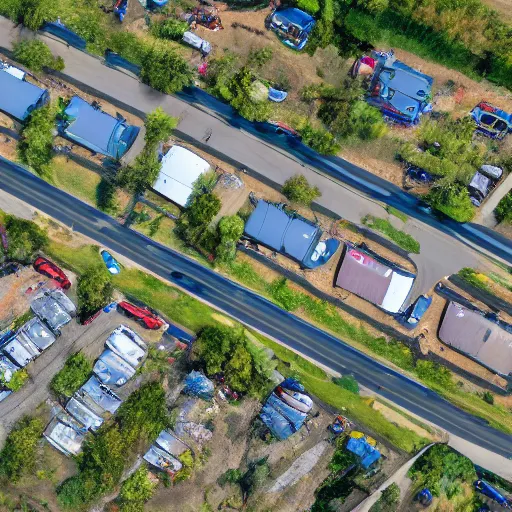 Image similar to top down view of a poor trailer park, realistic, hdr, hdd, 8 k,