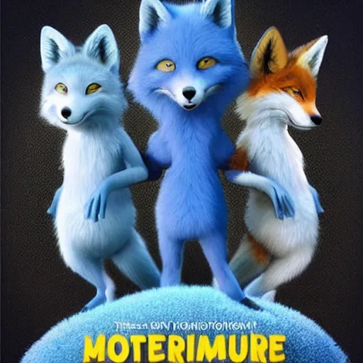 Prompt: realistic movie poster, featuring in anthropomorphic blue male foxes dressed cool, promotional movie poster print