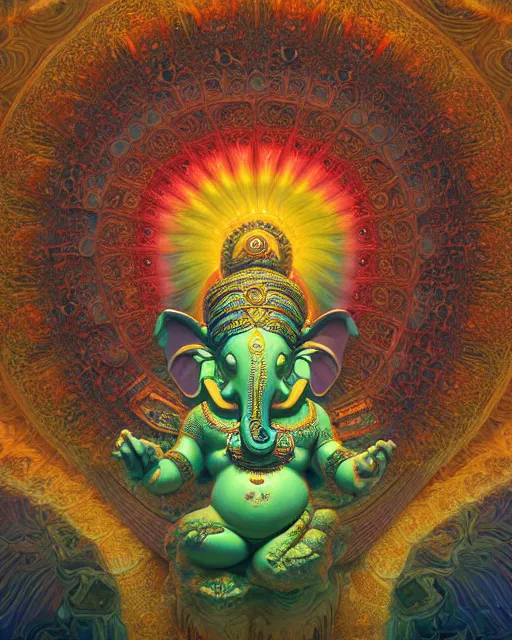 Prompt: psychedelic ganesh of the cosmos, mandelbulb, mandala, coherent design, symmetrical, concept art, vivid color, complementary color, golden ratio, detailed, sharp lines, intricate, rainbowshift, by maxfield parrish, by peter mohrbacher, by gustave dore, by alphonse mucha, deviantart, octane render