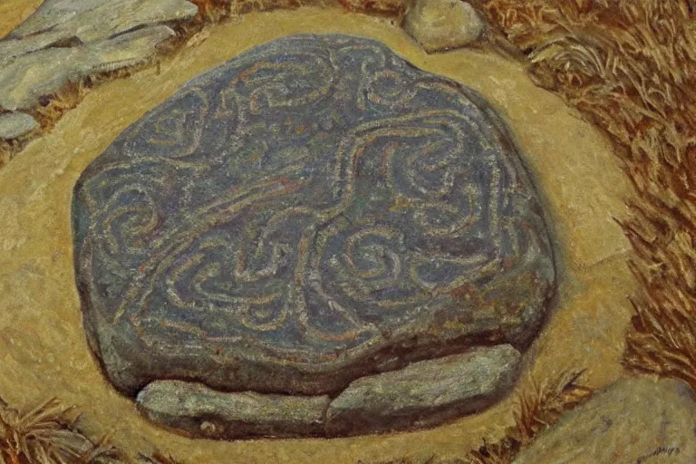 Prompt: runestone, nature, focused, centered, very detailed, norse, oil painting