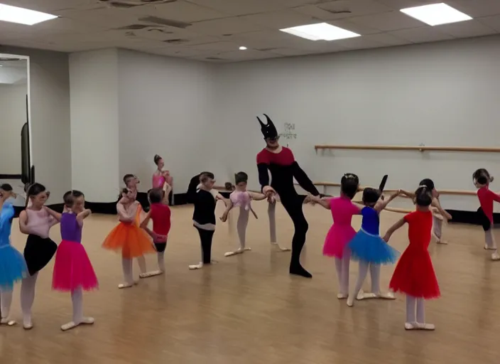 Prompt: photo of a kids ballet class, darth maul is there in a tutu looking grumpy