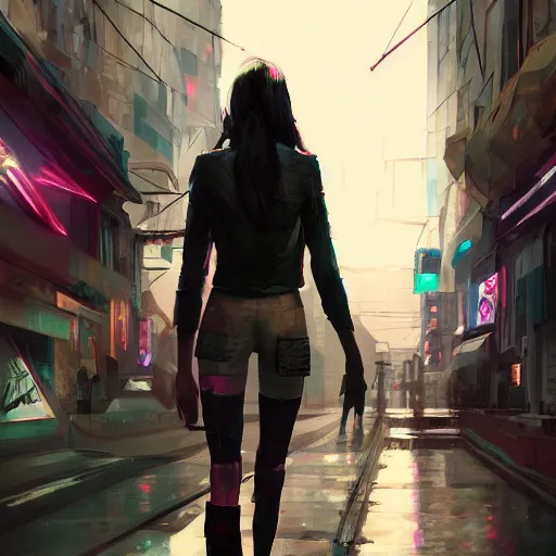 Prompt: a girl walking in cyberpunk street, artstation, professional