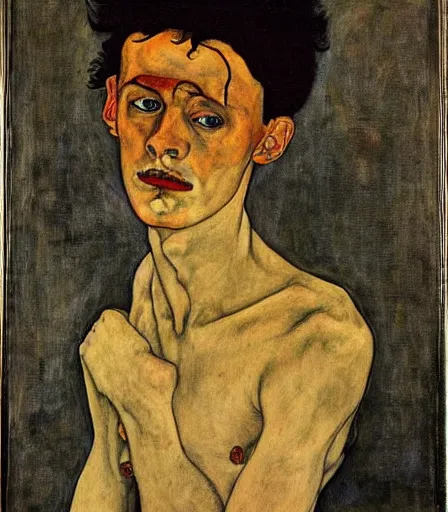 Image similar to portrait of a handsome non binary criminal lost in thought, by egon schiele, intense desire, high quality, high detail