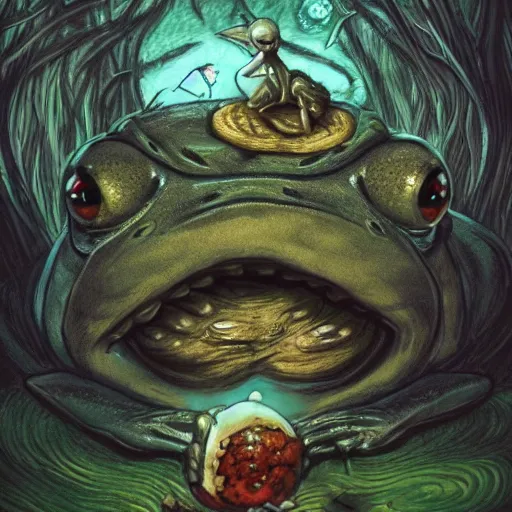 Image similar to A portrait of a scary godlike frog eating a fairy. award winning. superb resolution. in the art style of junji Ito and greg rutkowski . Detailed Mushroom city in background. Hyper realistic anime. Perfect art. Dalle2