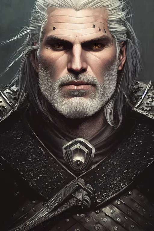 Prompt: portrait of Geralt, gothic armor, Warhammer-inspired, fantasy, intricate, beautiful eyes and flowing hair, realistic, cinematic lighting, highly detailed, digital painting, Artstation, concept art, smooth, sharp focus, illustration, art by Artgerm and Greg Rutkowski and Alphonse Mucha
