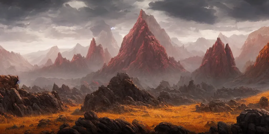 Image similar to The blood-soaked stone landscape with mountains in the background, Sci-Fi fantasy desktop wallpaper, painted, 4k, high detail, sharp focus