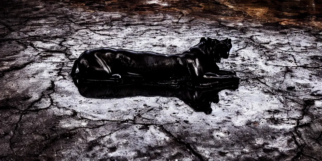 Image similar to the black lioness made of tar, dripping tar, dripping goo, sticky black goo, bathing in the pit filled with tar, dripping goo, sticky black goo. photography, dslr, reflections, black goo, rim lighting, cinematic light, tar pit saturated