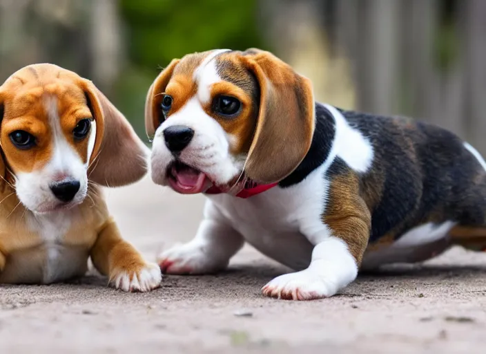 Prompt: beagle and baby playing together