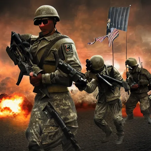 Image similar to The war between the Soviet Union and America, the action takes place in New York, far away against the background of the Statue of Liberty, a lot of soldiers and military equipment, a lot of explosions and tracer bullets, a lot of ruins, a very epic battle, The style of photography of the 80s, very detailed and detailed style