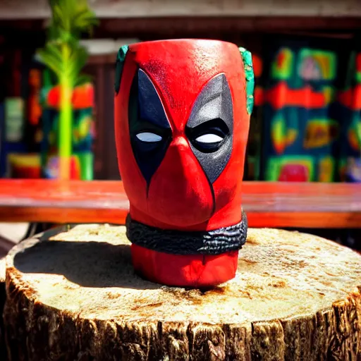 Image similar to a closeup photorealistic photograph of a deadpool style tiki mug sitting at a trader vic's beach bar featuring the face of deadpool. tiki party. bright scene. fine detail. this 4 k hd image is trending on artstation, featured on behance, well - rendered, extra crisp, features intricate detail, epic composition and the style of unreal engine.