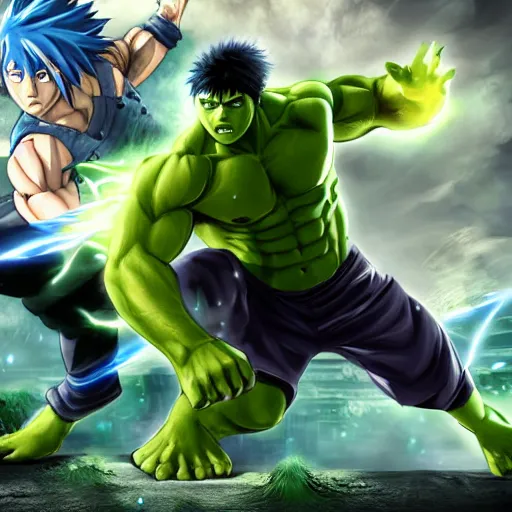 Image similar to epic anime battle between the sasuke and the incredible hulk, digital art, game art, character design, trending on artstation, ultra realistic, ultra detailed