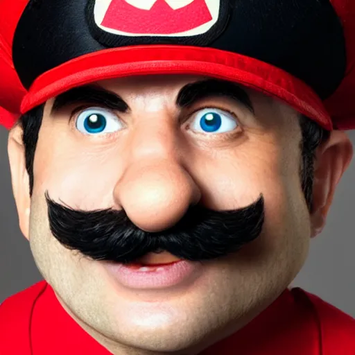 Image similar to a closeup portrait photo of a real Mario.