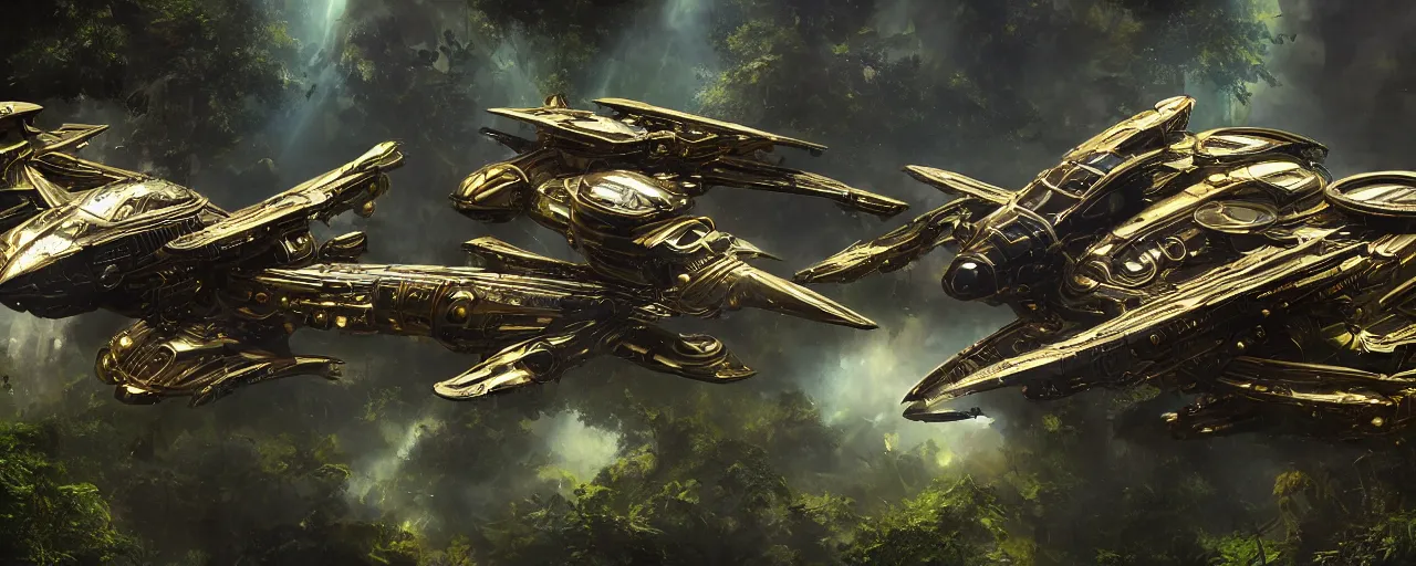 Prompt: a futuristic scientific flying steampunk fighter ship elegant, smooth, ornate with gold trimmings, by Craig Mullins and Scott Robertson, large steampunk space port inside a lush rainforest background by Dylan Cole and federico pelat, cinematic dappled lighting, hyper detailed hyper detailed, 8k, ultra realistic, cinematic lighting, ultra wide 35mm lens