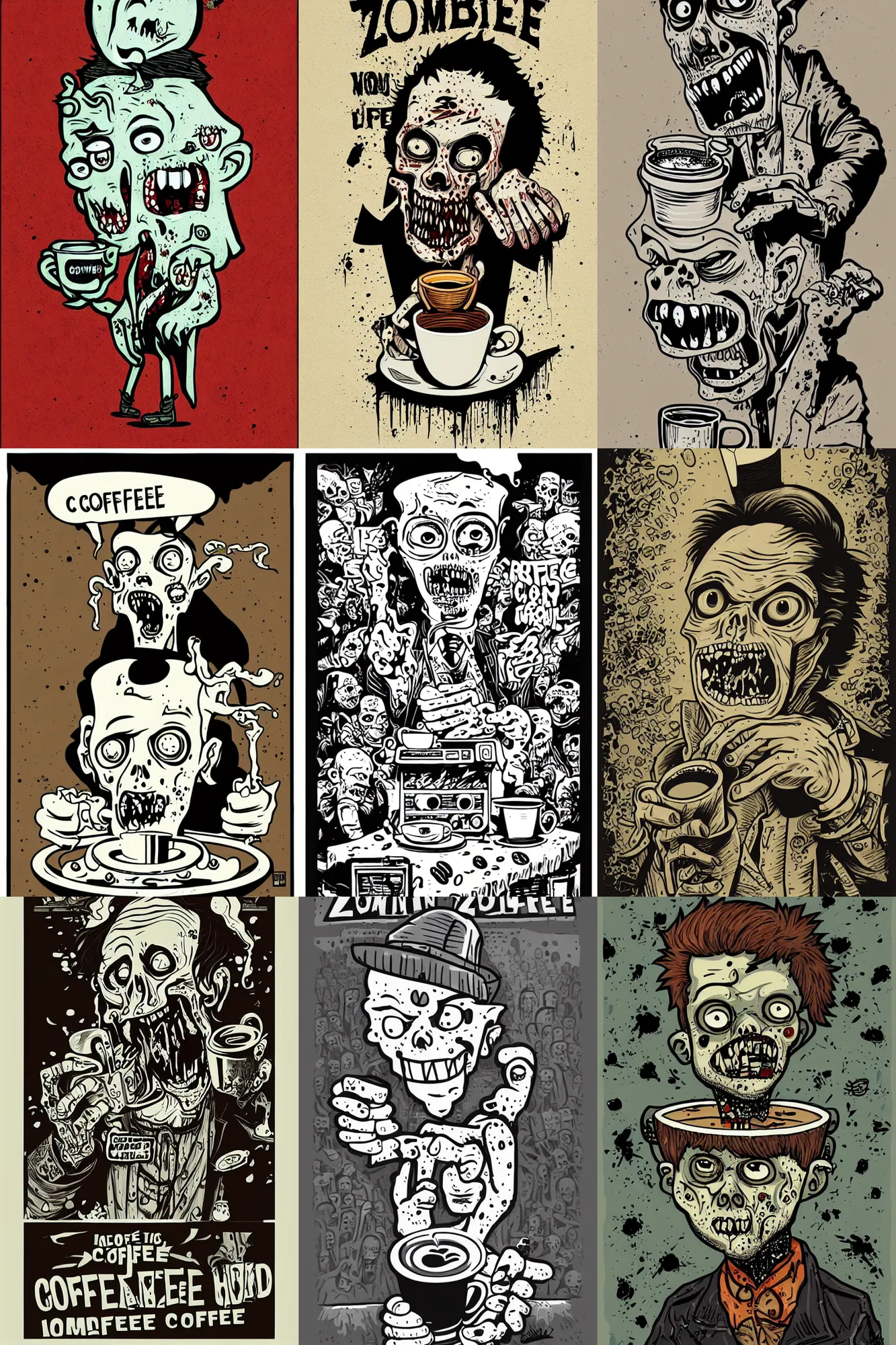 Prompt: zombie not enjoying coffee, upset the coffee does not work , portrait by mcbess, full colour print