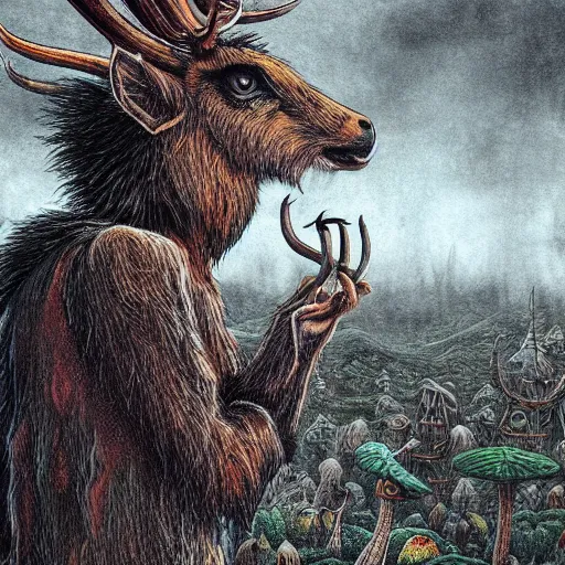 Image similar to 4 k headshot portrait of a psychedelic demonic anthropomorphic deer - horned wendigo smoking a hand - rolled cigarette smoking heavily, magic mushroom village in background. award winning. superb resolution. in the art style of junji ito and greg rutkowski. detailed mushroom city in background. hyper realistic anime. perfect art. dalle 2