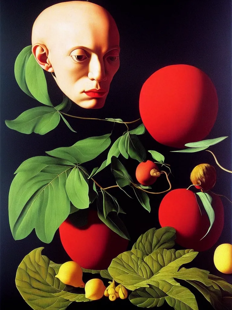 Prompt: hyperrealistic still life portrait a mind imagining itself in the form of beautiful plants, jungian archetypes, by caravaggio, surrealism, vivid colors, serene,, by rene magritte