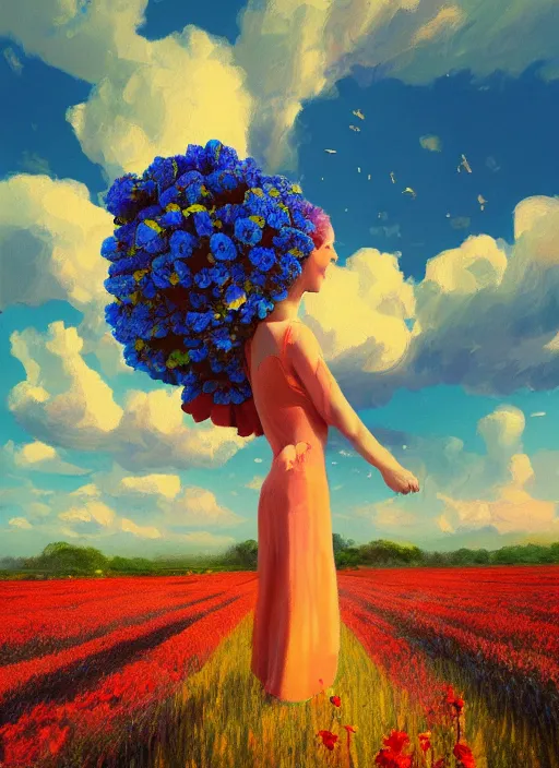 Image similar to woman with a giant carnation head, flower field, surreal photography, sunset dramatic light, impressionist painting, colorful clouds, blue sky, digital painting, artstation, simon stalenhag