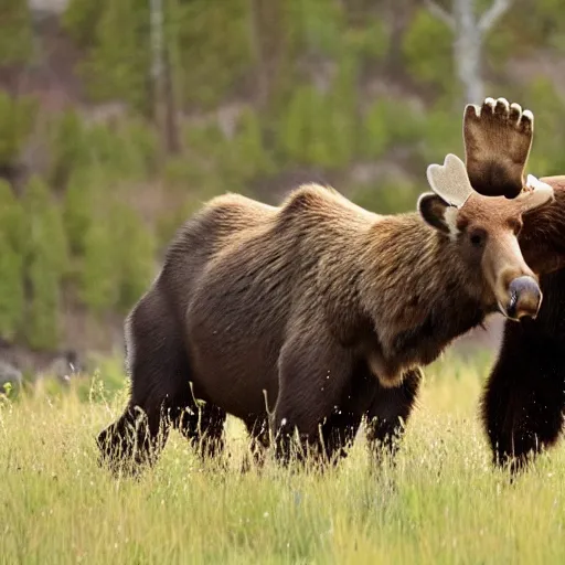 Prompt: moose fighting a brown bear