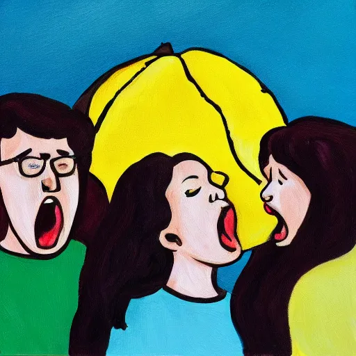 Prompt: painting of a group of people yelling at a giant lemon