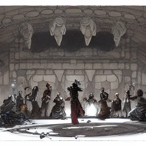 Prompt: a congregation of drunkards stumbling around in an abandoned theatre by michael whelan and greg rutkowski.