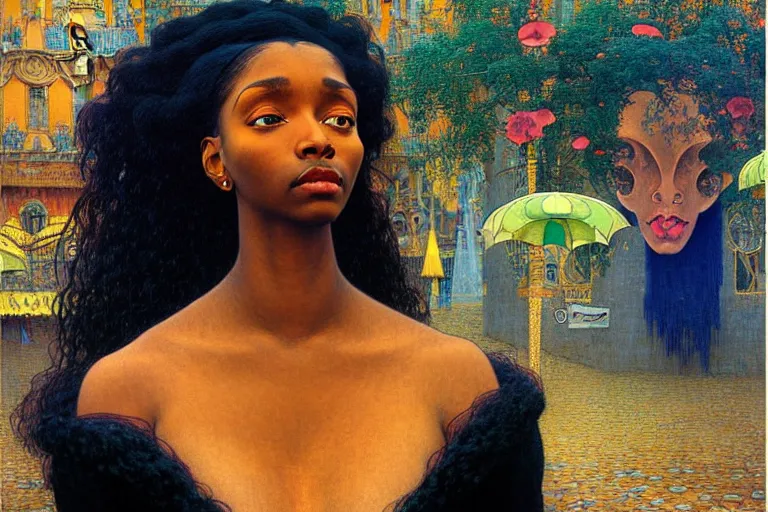 Image similar to realistic extremely detailed portrait painting of a beautiful black woman, city street on background by Jean Delville, Amano, Yves Tanguy, Ilya Repin, Alphonse Mucha, Ernst Haeckel, James C. Christensen, Edward Robert Hughes, Roger Dean, rich moody colours