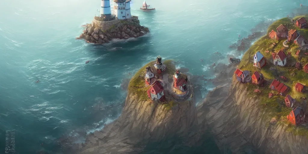 Image similar to Cozy small fantasy village on a cape with a lighthouse, fishing boats, view from above. In style of Greg Rutkowski, Jesper Ejsing, Makoto Shinkai, trending on ArtStation, fantasy, great composition, concept art, highly detailed, scenery, 8K, Behance.