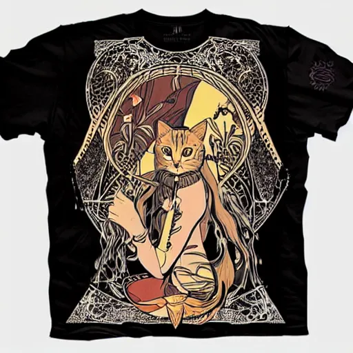 Image similar to art nouveau concert T-shirt design for heavy metal band “Kira” featuring tabby cat “Kira”, masterpiece, trending on artstation, cgstudio