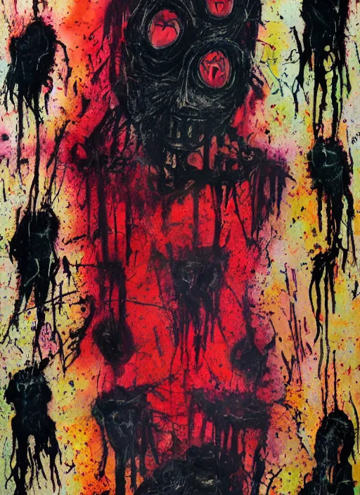 Prompt: brutal black clothes, 2 0 white eyes, grotesque, doomed, acrylic paint, high resolution gouache on canvas, ugly vibrant colors, grotesque, wrapped thermal background, art francis bacon