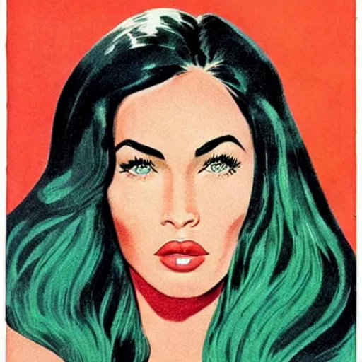 Image similar to “Megan Fox portrait, color vintage magazine illustration 1950”