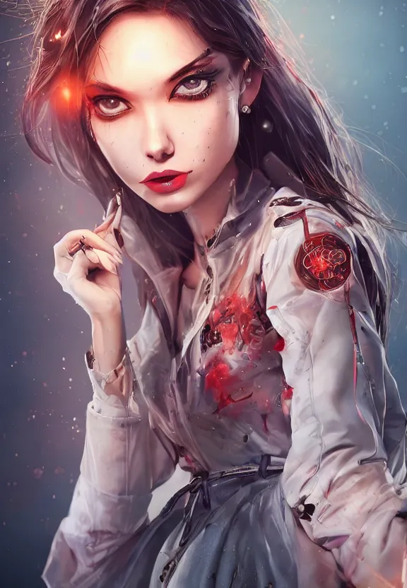 Prompt: full body illustration of a beautiful girl with eyes that burn like cigarettes wearing a short skirt and a long jacket with fingernails that shine like justice, dramatic lighting, photorealistic, full body portrait, detailed anatomy, extreme detail, 4 k, colorful, artgerm and ben lo, octane render, detailed face, f / 2. 8