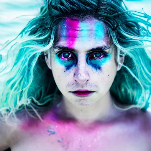 Image similar to Kevin Mitnick as a mermaid, grungy, unkept hair, glowing eyes, modelsociety, radiant skin, huge anime eyes, RTX on, perfect face, vogue, directed gaze, intricate, Sony a7R IV, symmetric balance, polarizing filter, Photolab, Lightroom, 4K, Dolby Vision, Photography Award