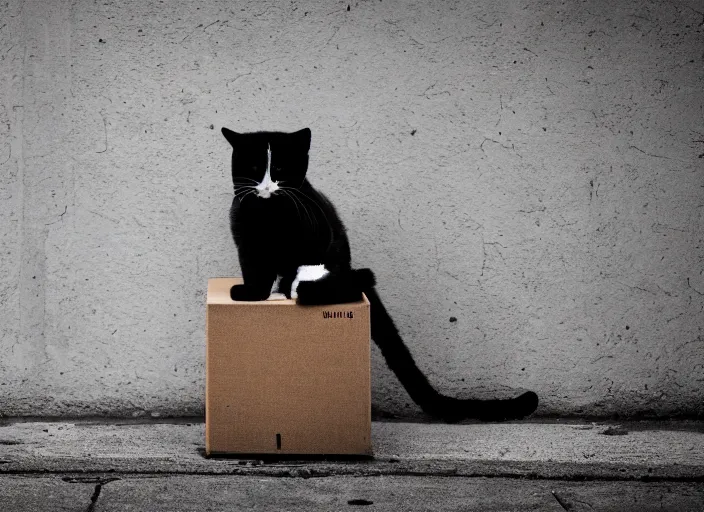 Image similar to photography of a Cat sitting on a box. in a cyberpunk street, award winning photo, 100mm, sharp, high res