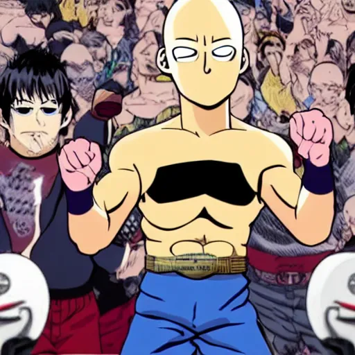 Image similar to Saitama lifting the WWE championship belt