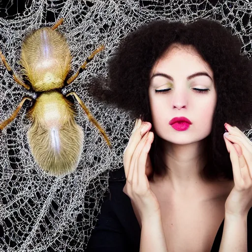 Prompt: a woman's hair infested with spider's, portrait photography