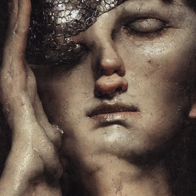 Prompt: a neoclassicist renaissance close - up portrait of an person made of porcelain. reflective detailed textures. gloomy black background. highly detailed fantasy science fiction painting by moebius, norman rockwell, frank frazetta, and syd mead. rich colors, high contrast. artstation