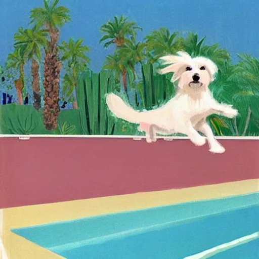 Prompt: medium shot, cream colored havanese dog jumping from a diving board into a pool at a mid century modern house in palm springs, painting by david hockney