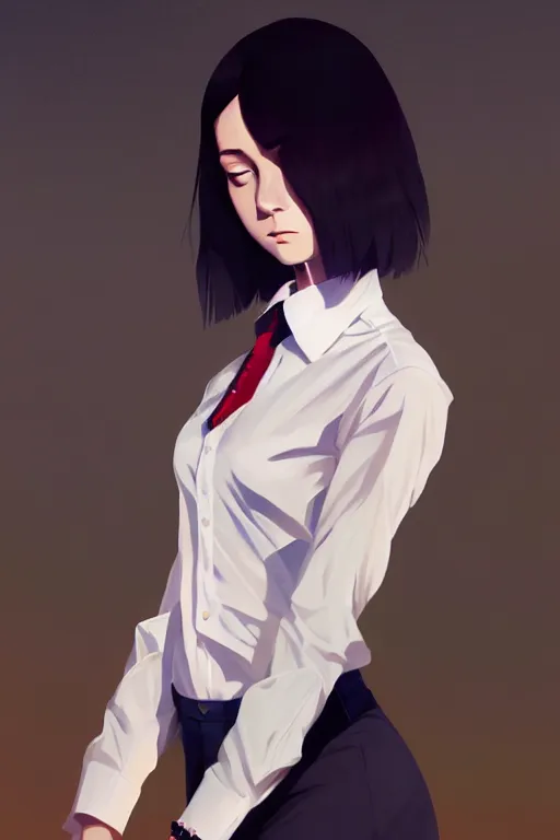 Image similar to a ultradetailed beautiful portrait panting of a stylish woman wearing a shirt with a tie, by ilya kuvshinov, greg rutkowski and makoto shinkai, trending on artstation