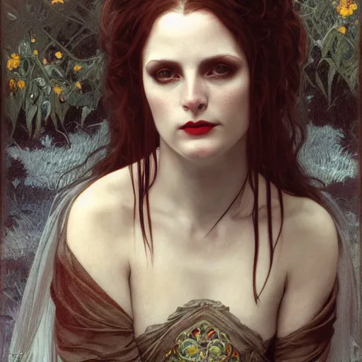 Prompt: portrait of a lady vampire, 35mm, 1800s, rim light, depth of field, DOF, ominous, sharp, highly detailed, photorealistic, realistic, unreal 5, high definition, 8k, deviantart, donato giancola, irwin penn, Alphonse Mucha