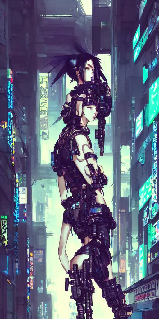 Image similar to hyper - realistic cyberpunk portrait of beautiful! anime woman standing on tokyo street, extreme detail, alluring, in style of yoji shinkawa, pan ren wei, col price, atey ghailan, by greg rutkowski, by greg tocchini, by james gilleard, by joe fenton, by kaethe butcher, grunge aesthetic