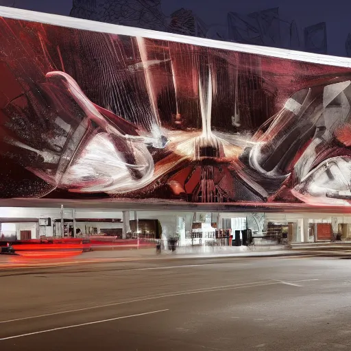 Image similar to sci-fi zaha hadid wall structure logotype and car on the coronation of napoleon and digital billboard in the middle in dark atmosphere in the style of Ruan Jia Sheng Lam