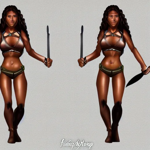 Image similar to female warrior in bikini armor brown skin, digital art, fit body, simple background