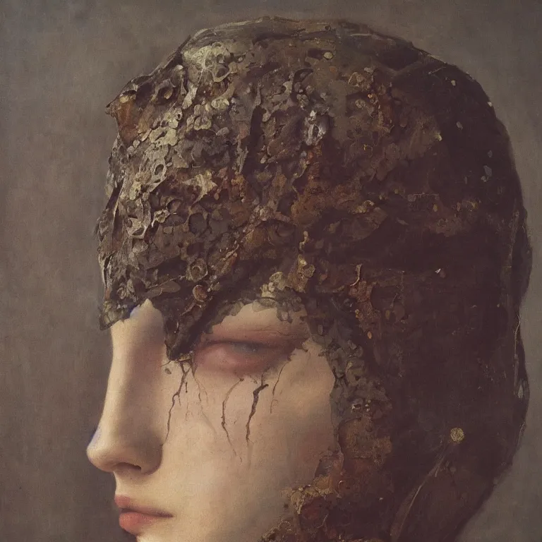 Image similar to The waist-high portrait of beautiful woman with closed eyes in steel full-face occult mask by Ilya Repin, William Blake, Michelangelo da Caravaggio and Beksinski, highly detailed oil painting, trending by artstation, fantasy character, 4k, masterpiece