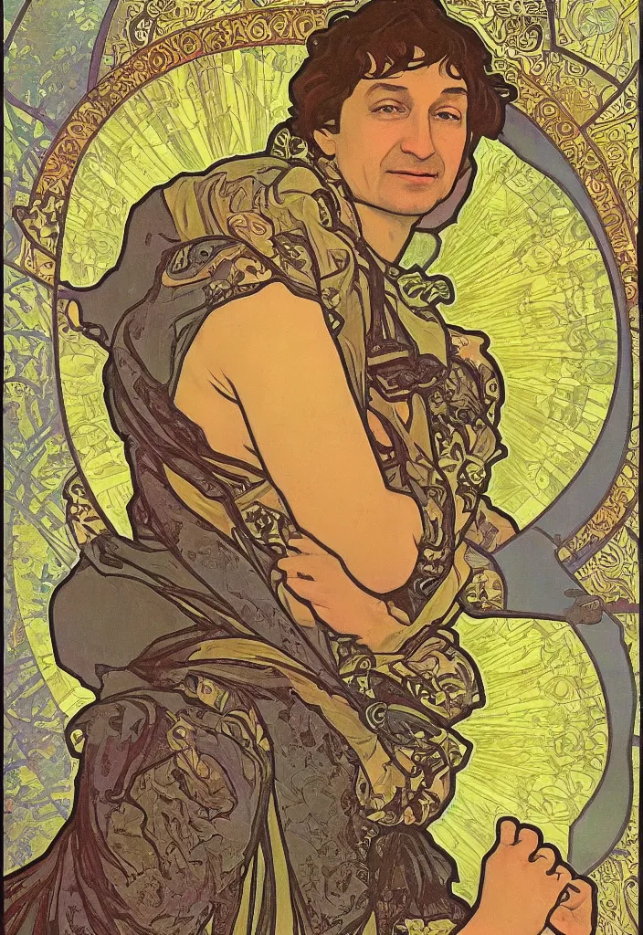 Image similar to geoffrey hinton as the emperor on a tarot card, tarot in art style by alphonse mucha