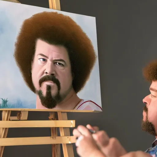 Image similar to a closeup photorealistic photograph of bob ross detailing a canvas painting of kenny powers. film still. brightly lit scene. this 4 k hd image is trending on artstation, featured on behance, well - rendered, extra crisp, features intricate detail, epic composition and the style of unreal engine.