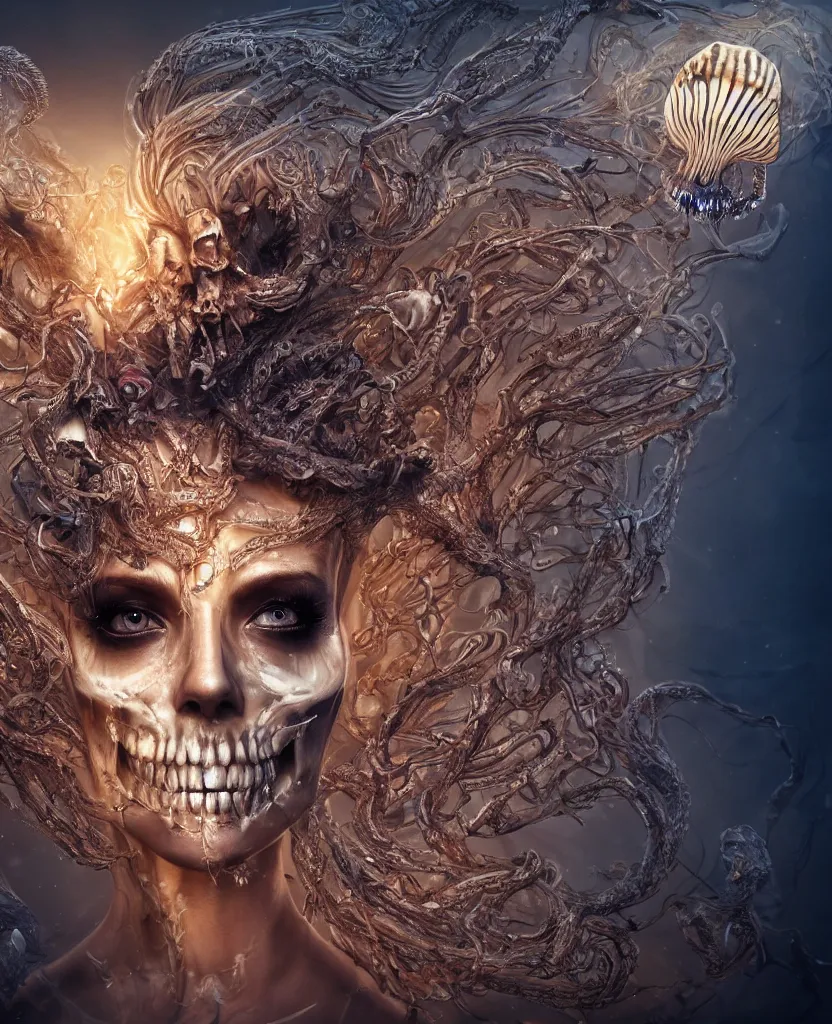 Image similar to close-up macro portrait of the face of a beautiful princess with animal skull mask, epic angle and pose, ribcage bones symmetrical artwork, 3d with depth of field, blurred background, cybernetic jellyfish female face skull phoenix bird, translucent, nautilus, energy flows of water and fire. a highly detailed epic cinematic concept art CG render. made in Maya, Blender and Photoshop, octane render, excellent composition, cinematic dystopian brutalist atmosphere, dynamic dramatic cinematic lighting, aesthetic, very inspirational, arthouse. y Greg Rutkowski, Ilya Kuvshinov, WLOP, Stanley Artgerm Lau, Ruan Jia and Fenghua Zhong