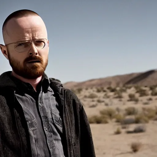 Image similar to Live Action Still of Aaron Paul dressed as and playing Walter White in Breaking Bad, real life, hyperrealistic, ultra realistic, realistic, highly detailed, epic, HD quality, 8k resolution, body and headshot, film still