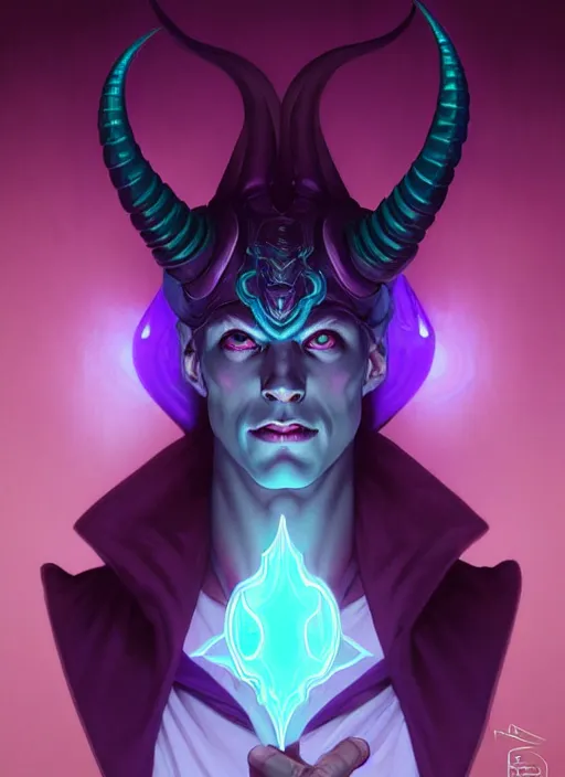 Image similar to symmetry!! portrait of a male purple and teal skinned tiefling with demon horns, glowing lights!! intricate, elegant, highly detailed, digital painting, artstation, concept art, smooth, sharp focus, illustration, art by artgerm and greg rutkowski and alphonse mucha