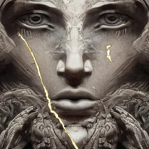 Prompt: A digital masterpiece illustration concept art of fractured obsidian greek statue of a very beautiful goddess fixed with kintsugi, beautiful eyes, symmetrical face, symmetrical body, greek doric ionic corinthian base, taiga landscape + inspired art by by WLOP + Extremely detailed and intricate complexity + epic composition, magical atmosphere, cinematic lighting + wide long shot, wide angle + trending on artstation + 8k