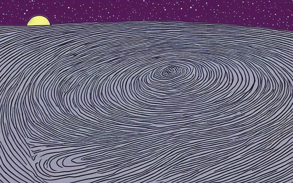 Image similar to gravitational waves, spreading trough the universe. retro minimalist art by jean giraud.