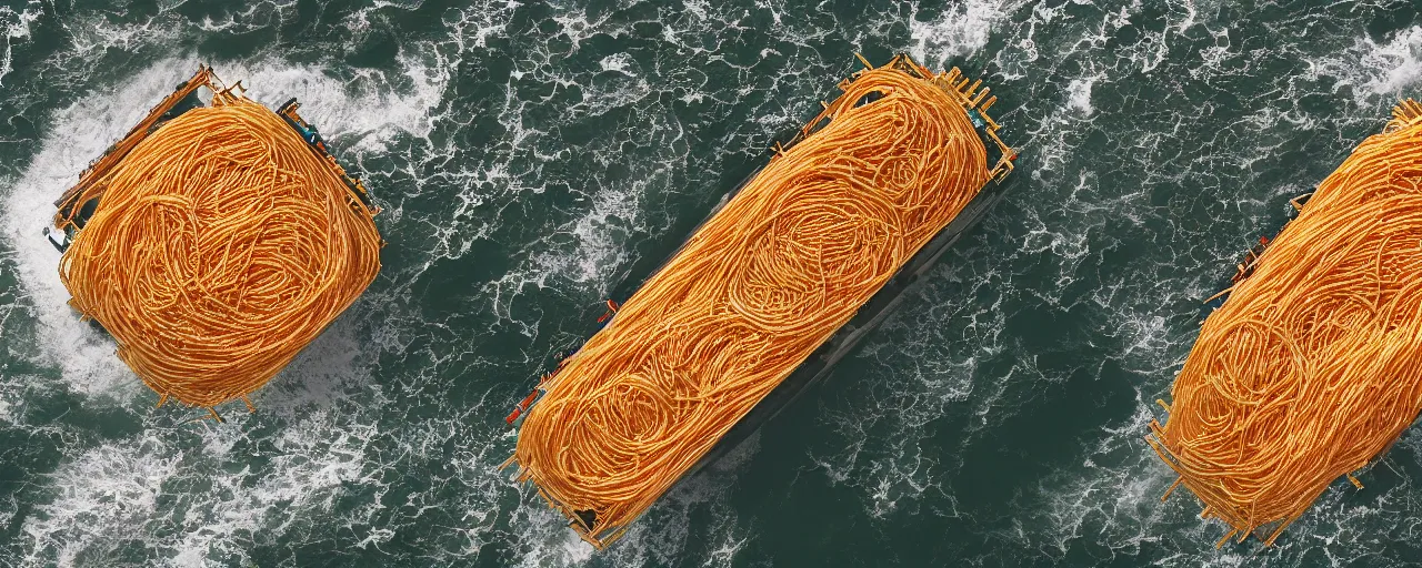 Image similar to an overhead image of a cargo ship transporting mounds of spaghetti, in the middle a hurricane,, canon 5 0 mm, cinematic lighting, photography, retro, film, kodachrome